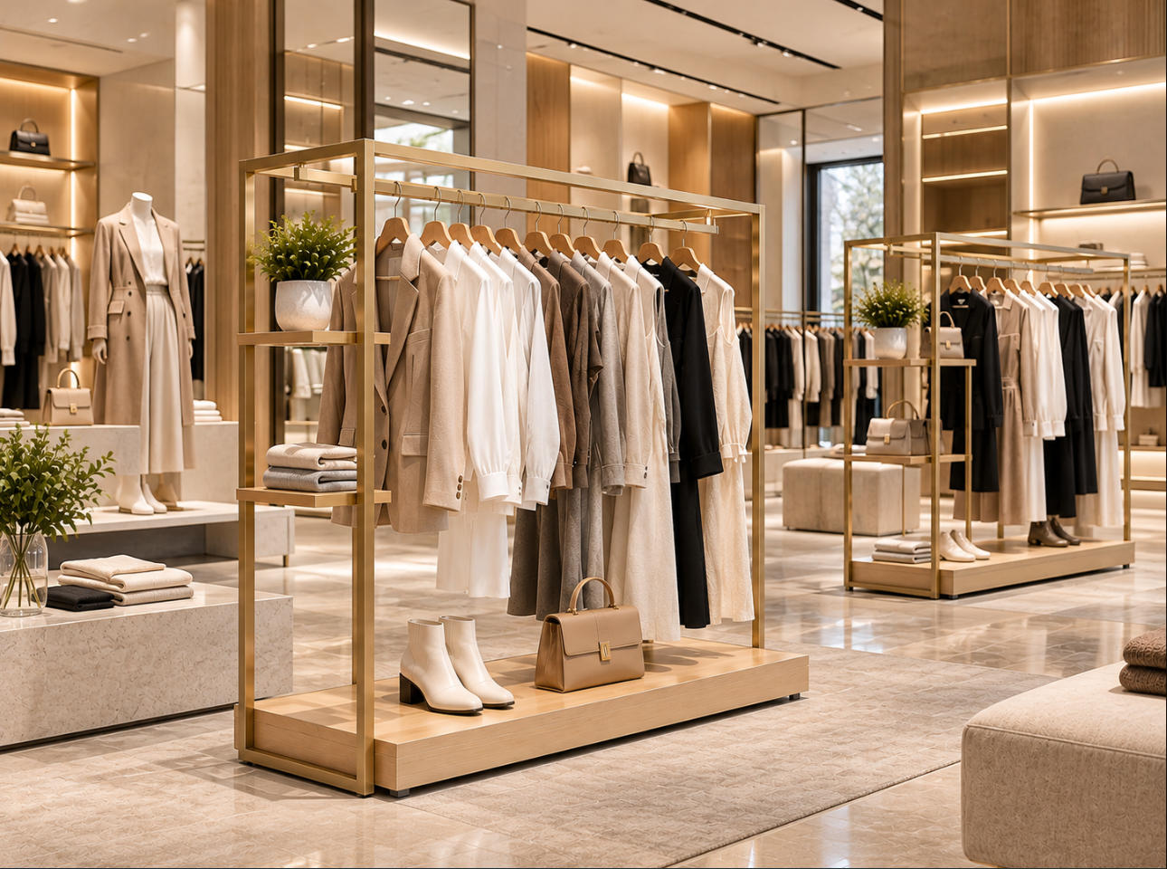 Luxury fashion boutique interior featuring custom clothing display racks with hanging apparel and coordinated accessories