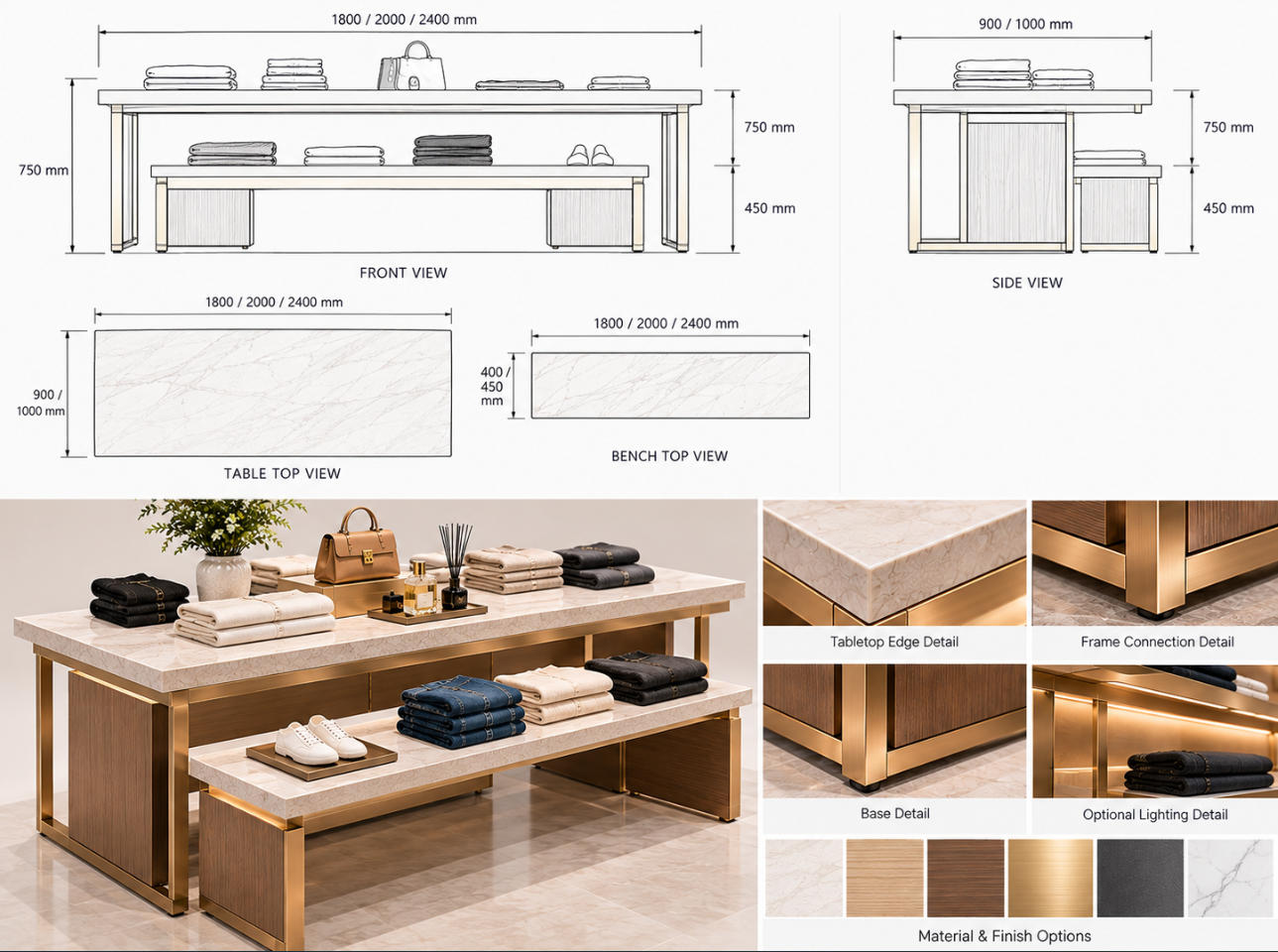 Custom clothing display table technical drawing showing top view, front elevation, side view and dimensions