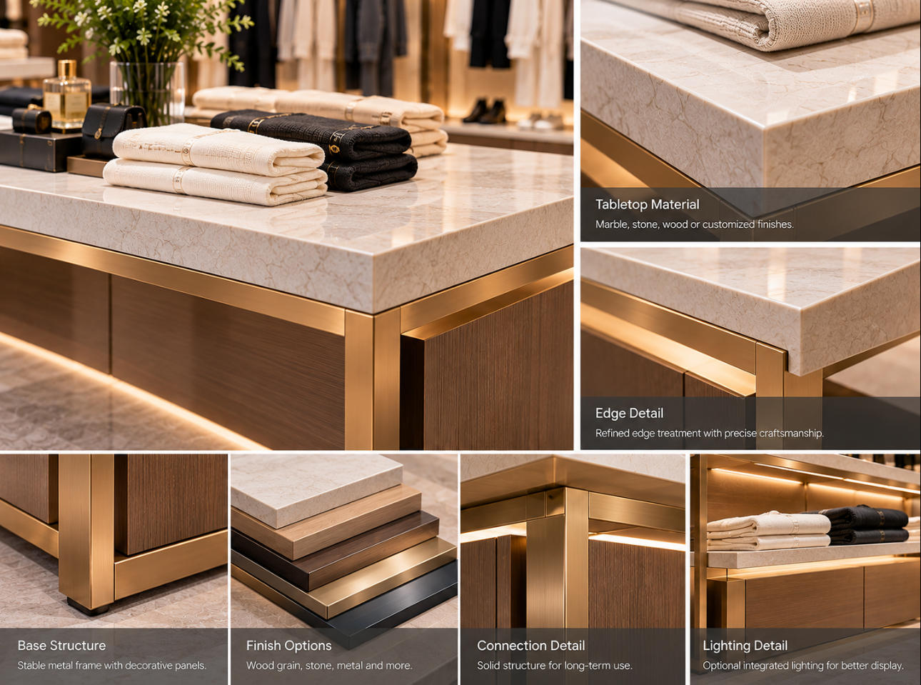 Clothing display table material details showing tabletop finishes, edge construction and supporting base