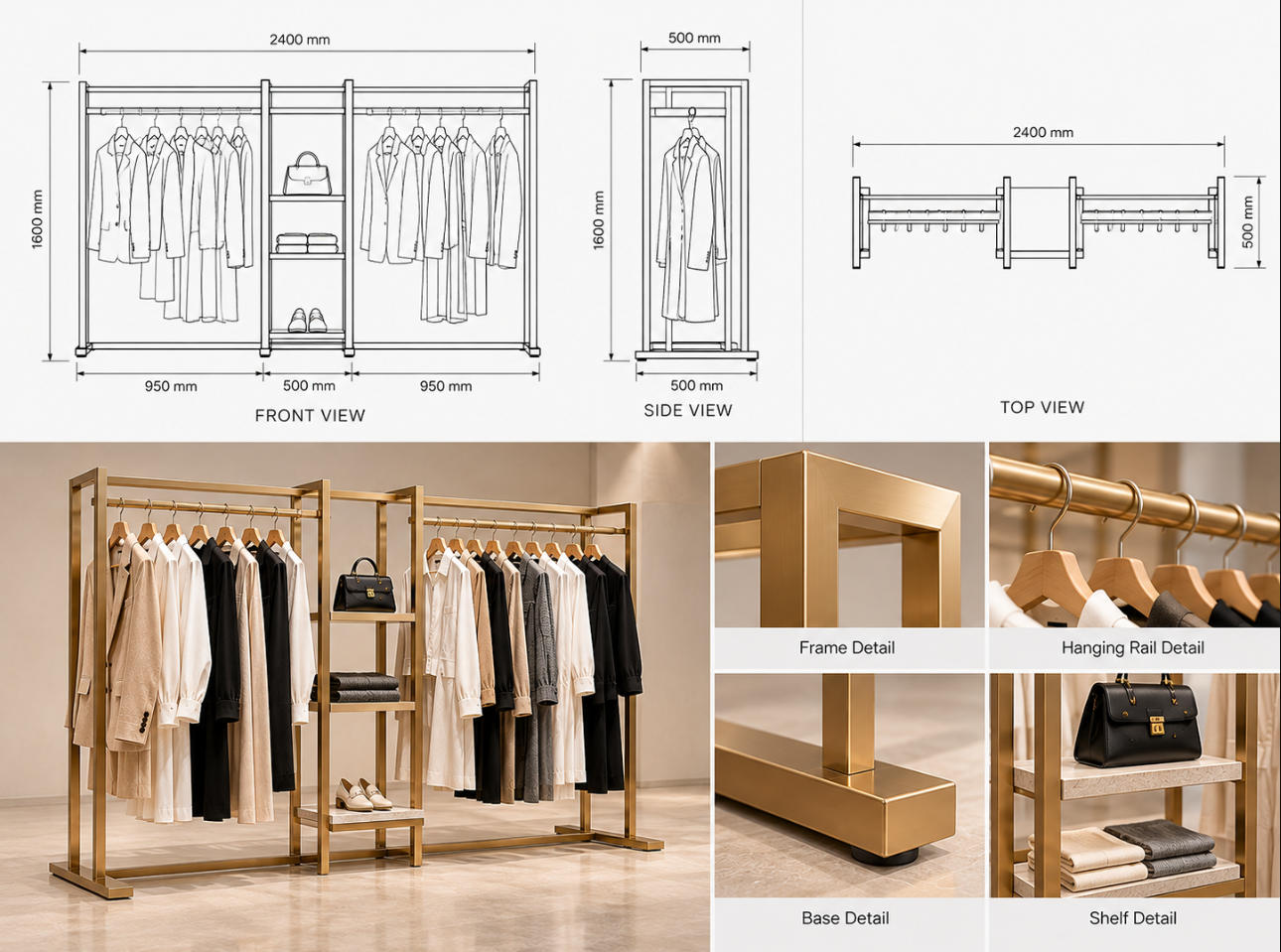 Custom garment display rack technical drawing showing front elevation, side view and hanging rail configuration