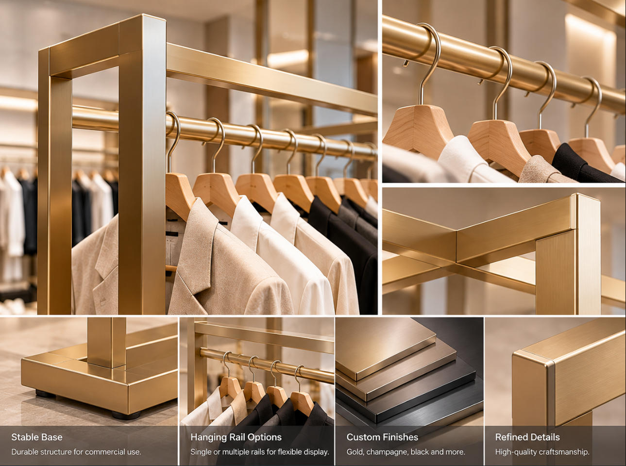 Garment display rack material details featuring metal hanging rails, structural joints and decorative finishes
