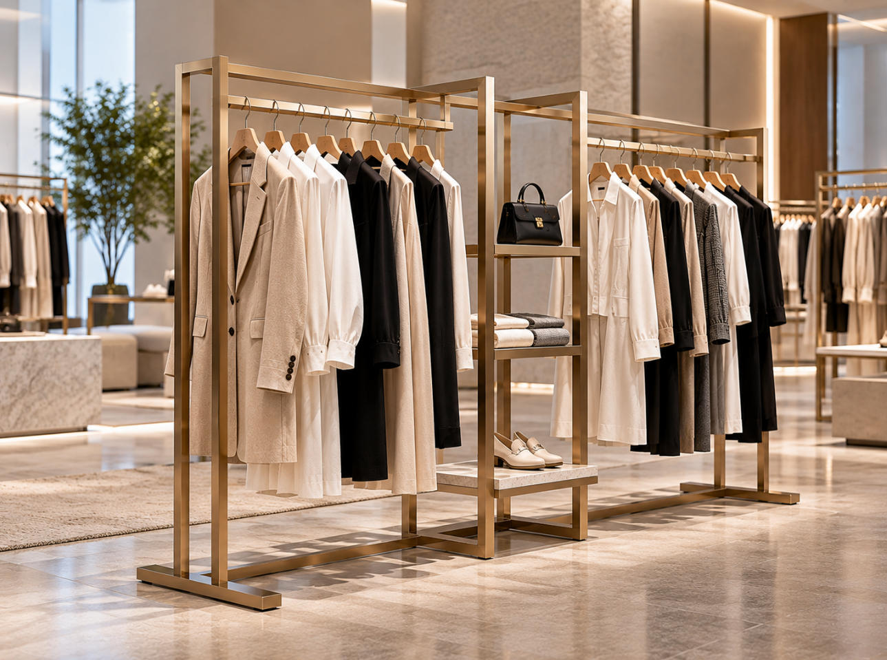 Custom garment display rack with refined metal frame and integrated hanging rails for fashion retail stores