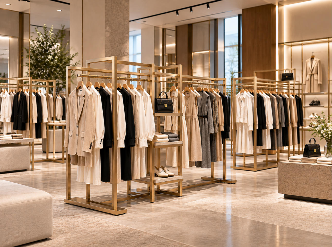 Luxury fashion boutique interior featuring custom garment display racks with organized hanging clothing collections