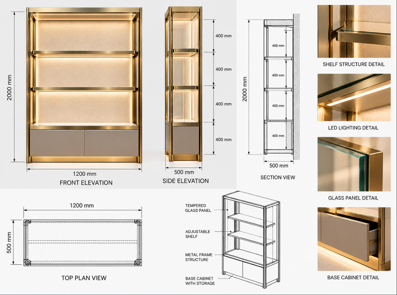 Custom handbag display cabinet technical drawing showing front elevation side view internal shelves and cabinet dimensions