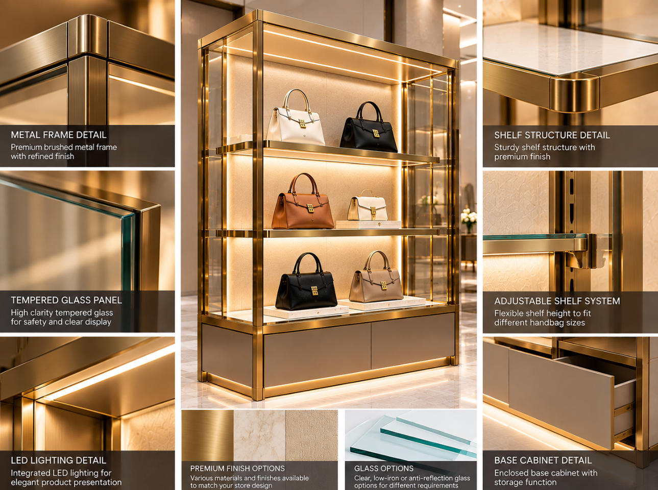 Handbag display cabinet material details showing glass panels metal frame LED lighting shelf structure and premium finishes