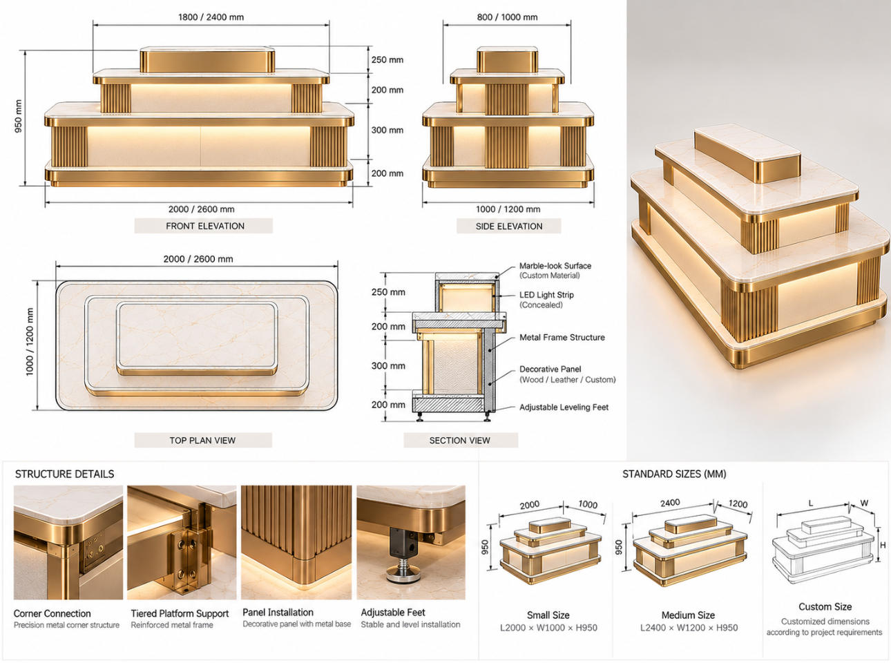 Custom handbag display island CAD drawing without merchandise showing top plan, front elevation, side elevation, tiered platforms and dimensions