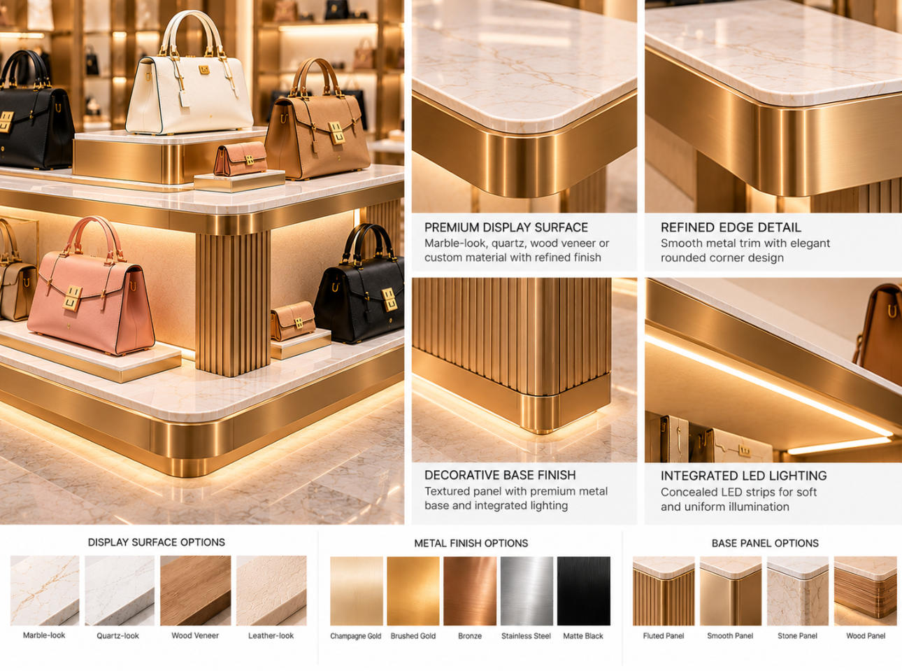 Handbag display island material details showing premium display surfaces, metal edge trims, structural joints and decorative base finishes