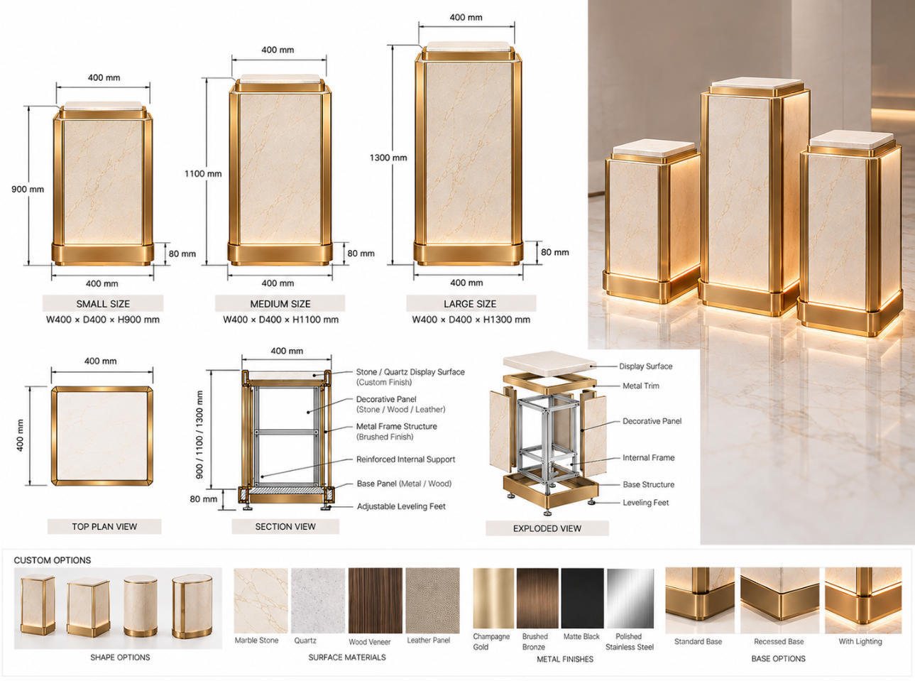 Custom handbag display pedestal CAD drawing without merchandise showing front elevation, side elevation, top plan, internal support structure and dimensions