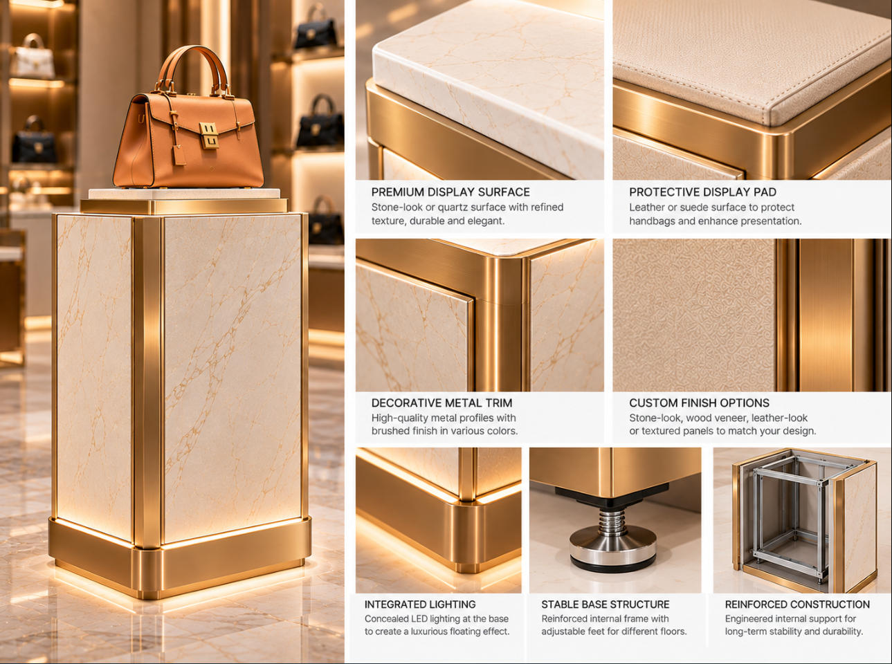 Handbag display pedestal material details showing stone-look finish, decorative metal trim, protective display platform and reinforced plinth construction