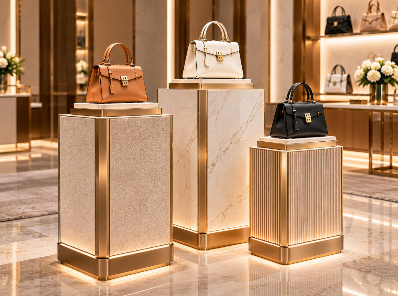Custom handbag display pedestal with solid architectural plinth, premium display surface and individual luxury handbag presentation
