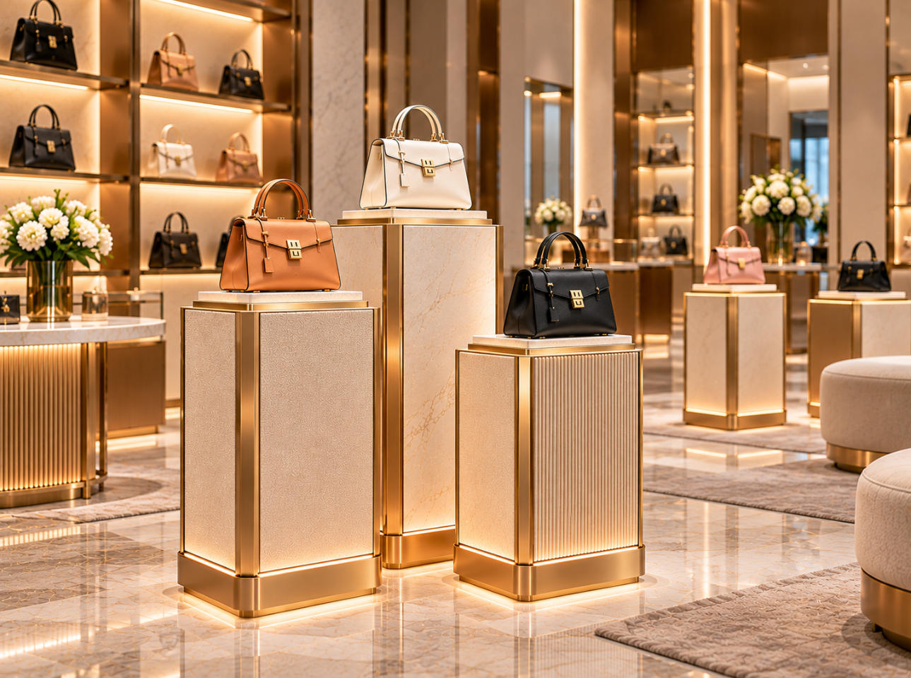 Luxury handbag boutique featuring custom display pedestals in coordinated heights with individual designer handbags and premium decorative finishes