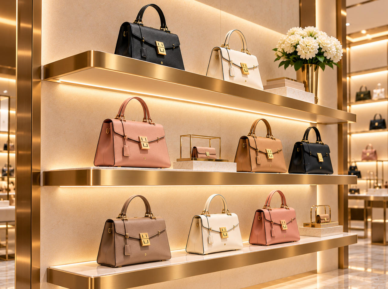 Custom handbag display shelf with floating shelving, refined metal edges and individual luxury handbag presentation
