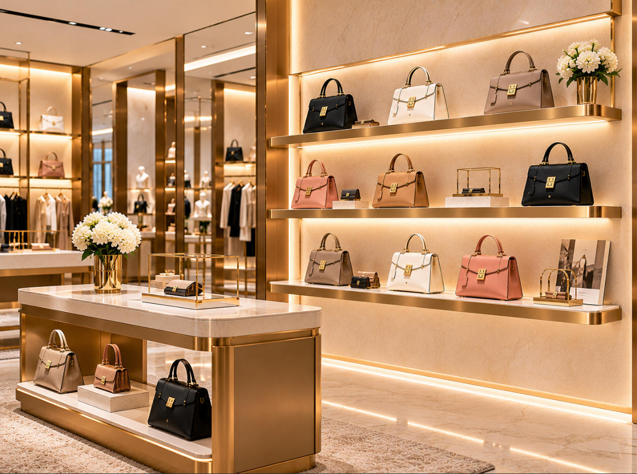 Luxury handbag boutique interior featuring custom display shelves with premium finishes, illuminated shelving and curated designer handbags