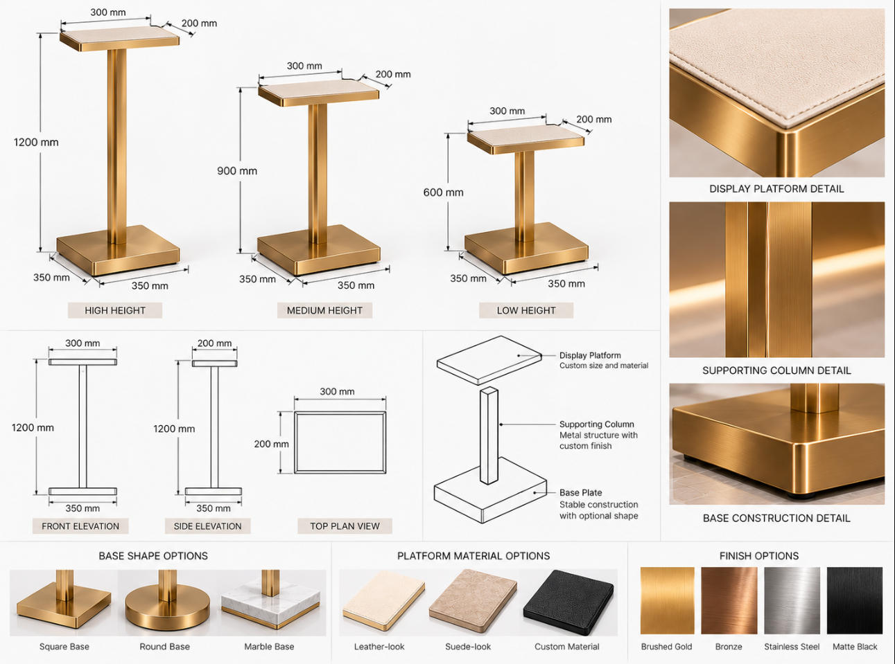 Custom handbag display stand technical drawing without merchandise showing front elevation side elevation top view pedestal base and dimensions