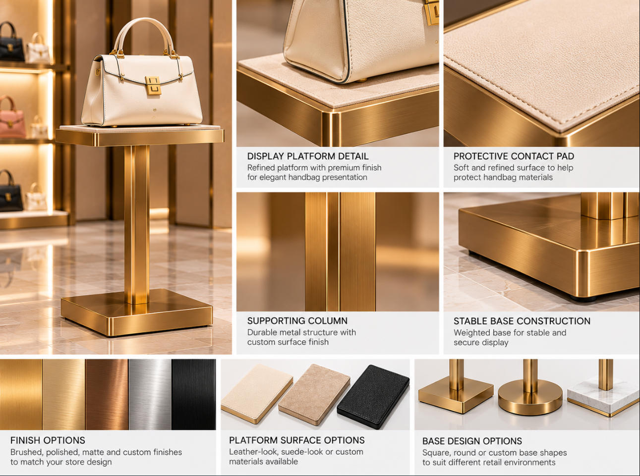 Handbag display stand material details showing brushed metal pedestal, handbag support platform, protective contact pad and stable base construction