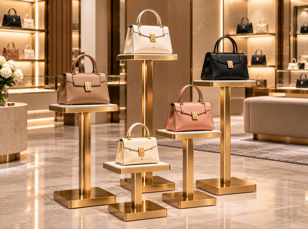 Custom handbag display stand with freestanding metal pedestal, individual handbag support platform and luxury boutique finish