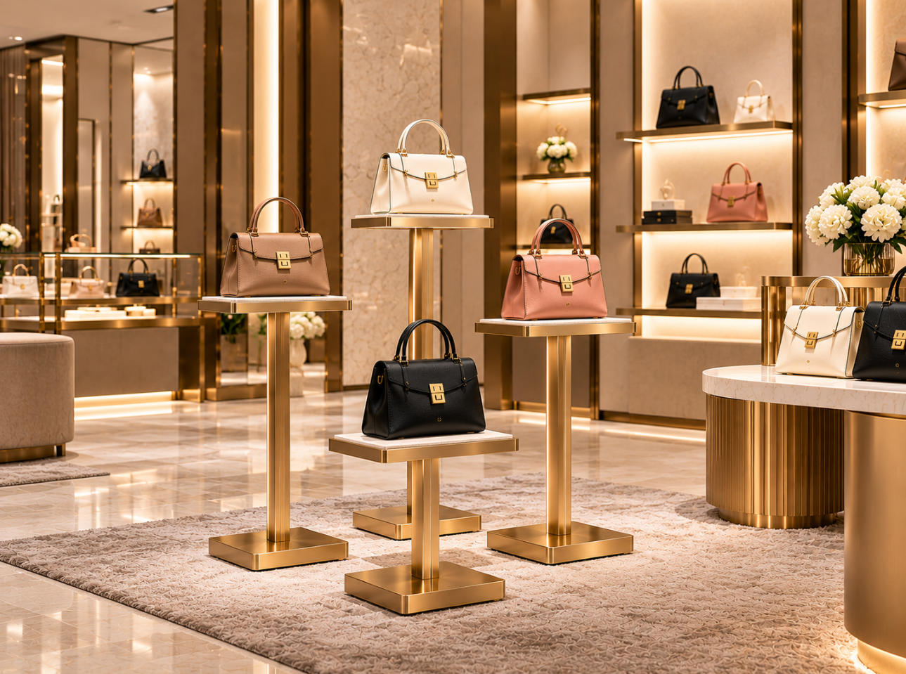 Luxury handbag boutique interior featuring freestanding handbag display stands in varied heights with designer handbag collections
