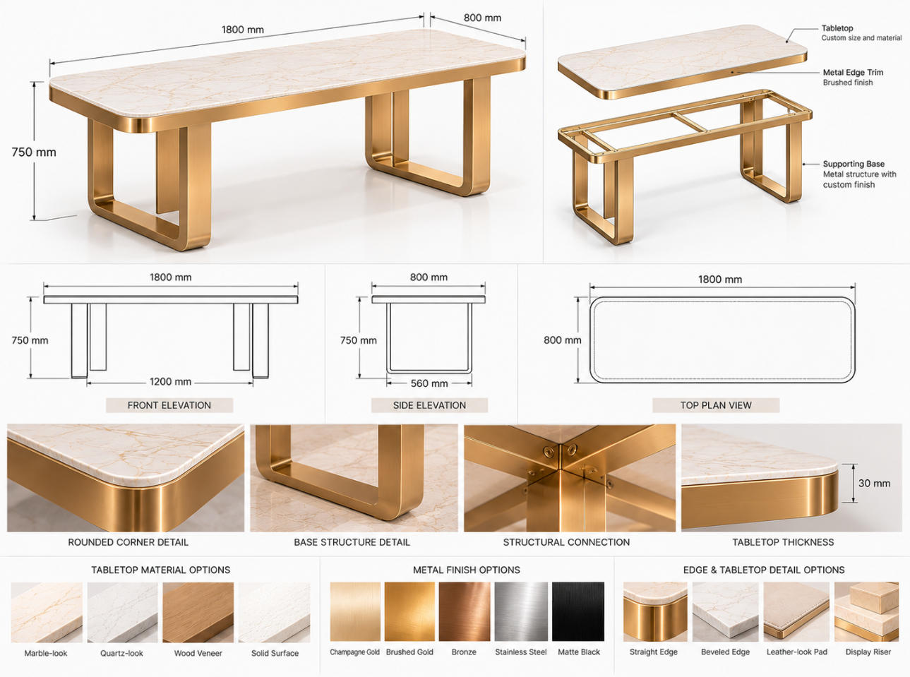 Custom handbag display table CAD drawing without merchandise showing front elevation, side elevation, top plan, table base and dimensions