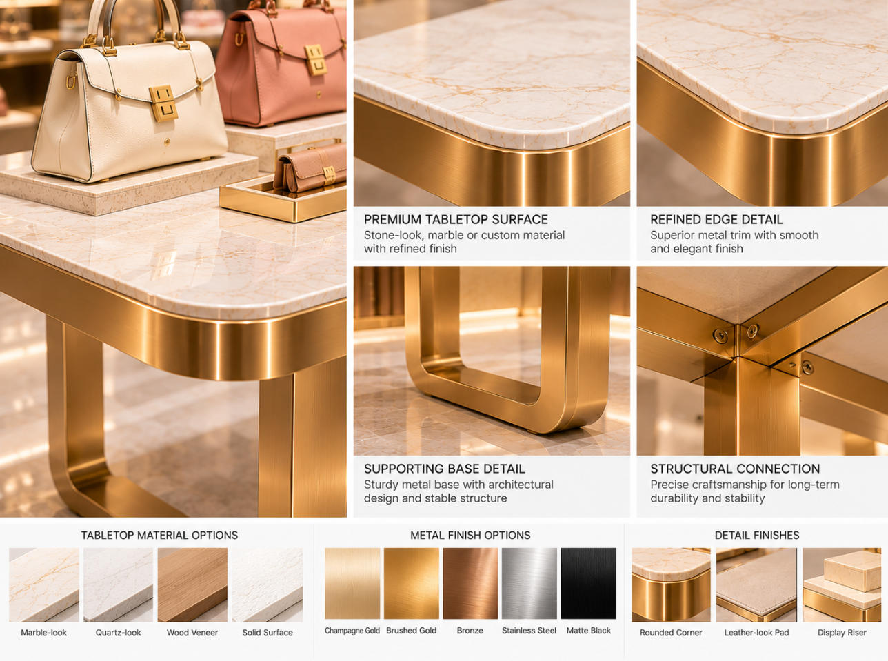 Handbag display table material details showing premium tabletop surface, metal edge trim, supporting base joints and decorative finishes