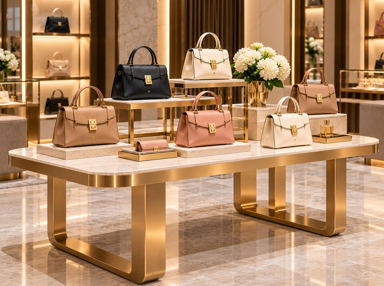 Custom handbag display table with spacious premium tabletop, decorative metal base and coordinated luxury handbag presentation