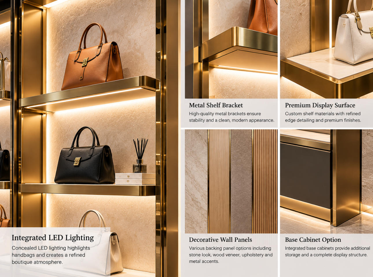 Handbag wall display system material details showing metal shelf brackets decorative panels premium finishes and integrated LED lighting