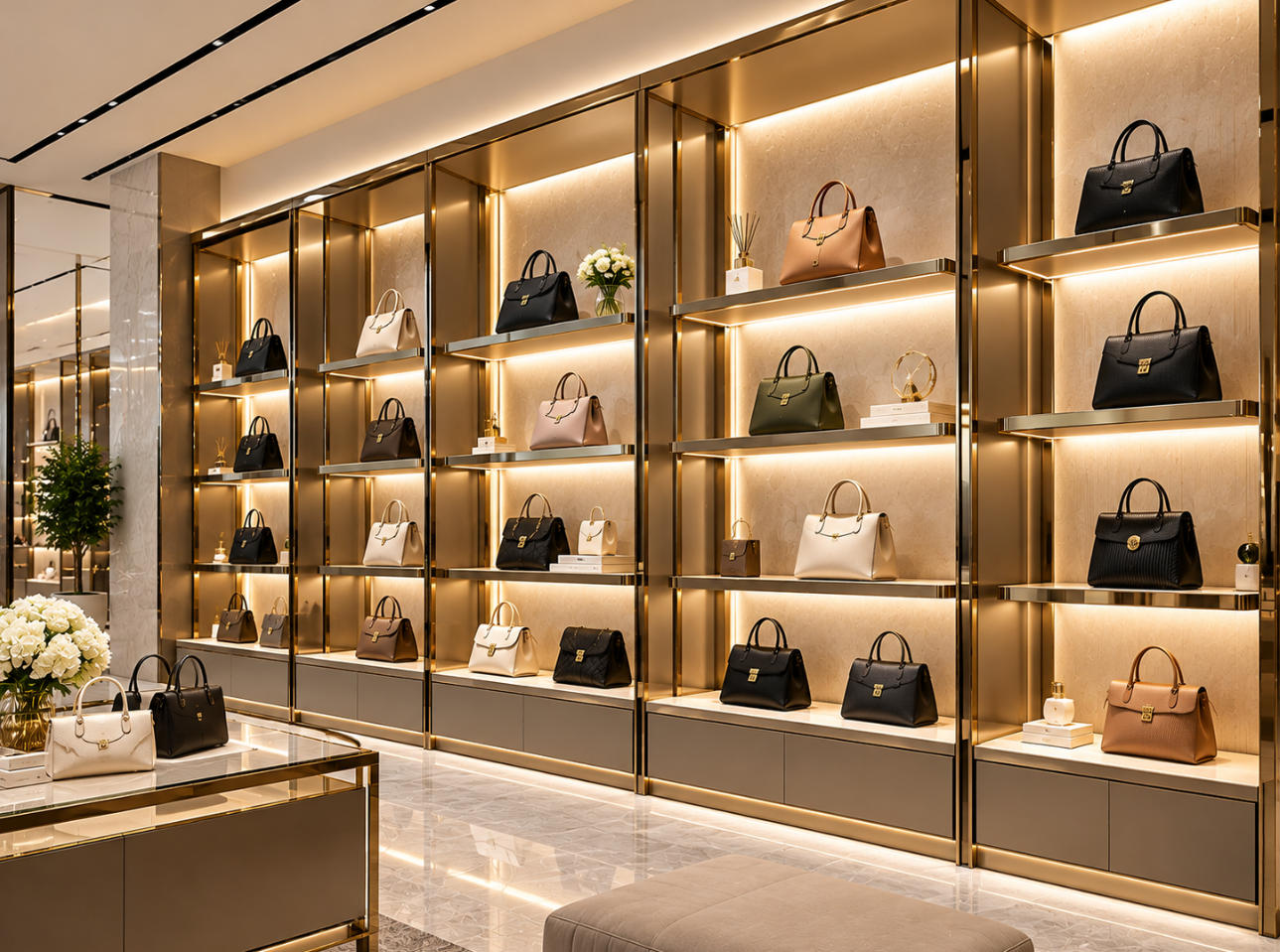 Custom handbag wall display system with illuminated shelves decorative wall panels and individual luxury handbag presentation