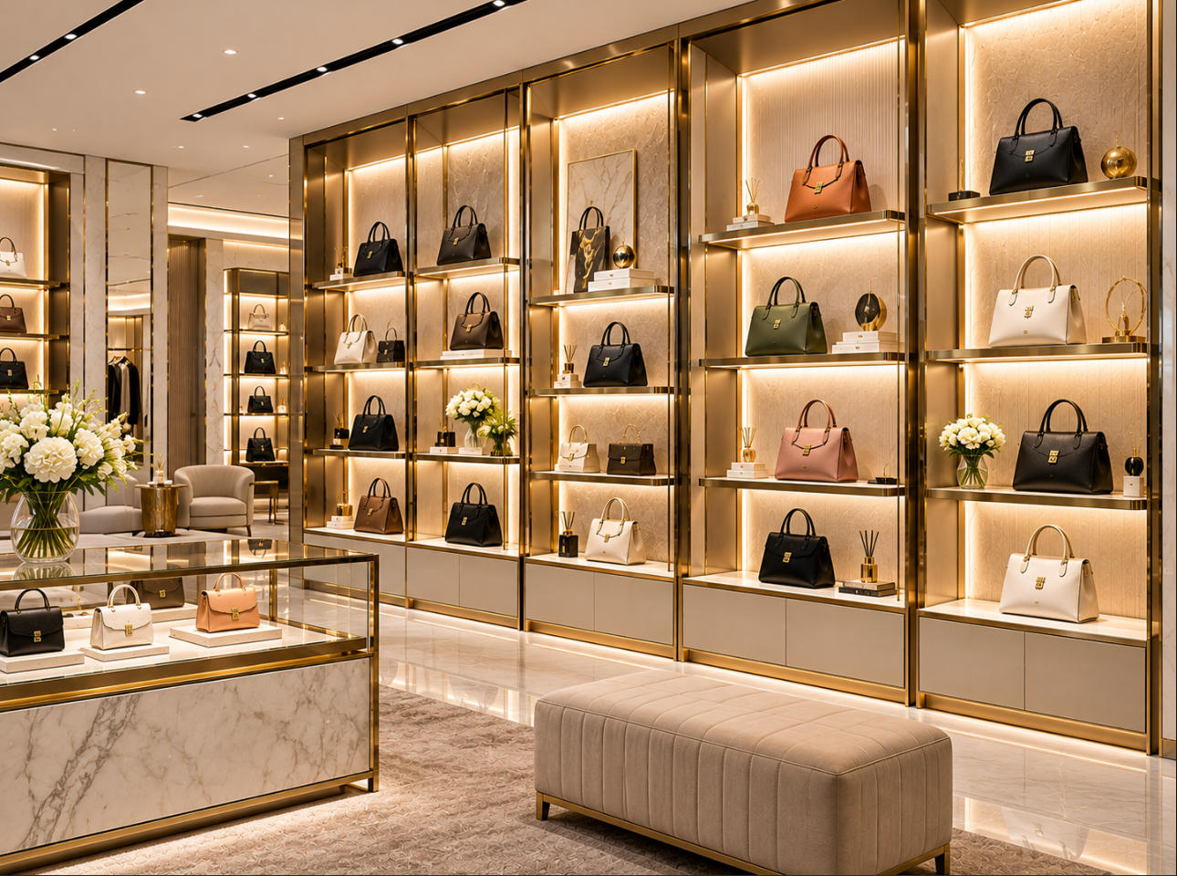 Luxury handbag boutique interior featuring illuminated wall display systems with designer handbags decorative panels and premium shelving