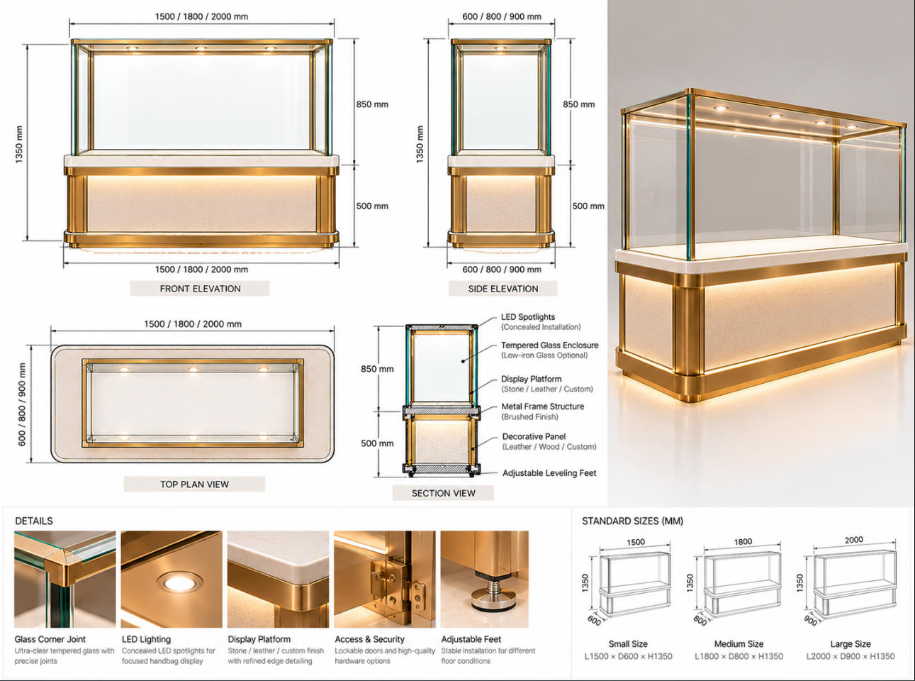 Custom luxury handbag showcase CAD drawing without merchandise showing front elevation, side section, top plan, glass enclosure and dimensions