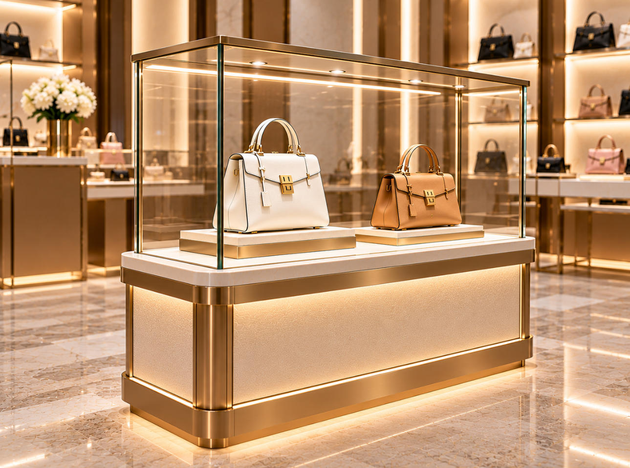Custom luxury handbag showcase with clear glass enclosure, illuminated presentation platform and refined metal frame for designer handbags