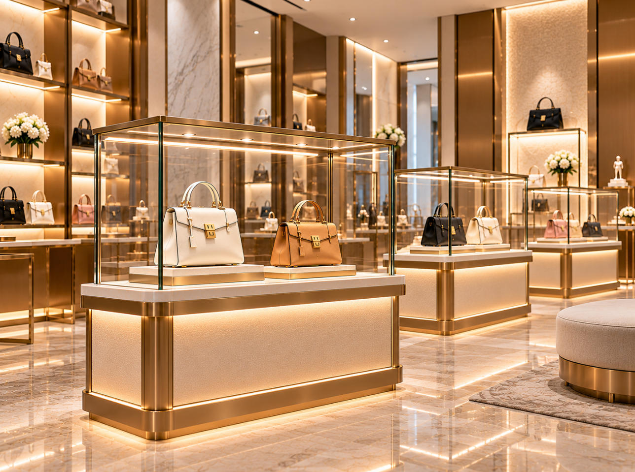 Luxury designer handbag boutique featuring illuminated glass showcases with selected premium handbags and refined gold metal finishes