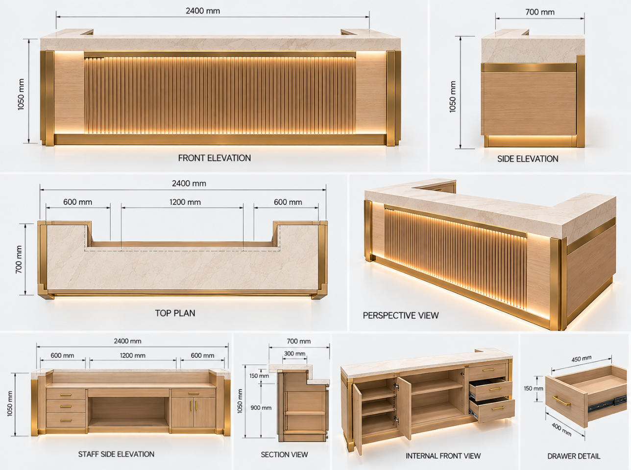 Custom retail clothing counter CAD drawing showing front elevation, side elevation, top plan, internal storage, worktop dimensions and cabinet construction without merchandise