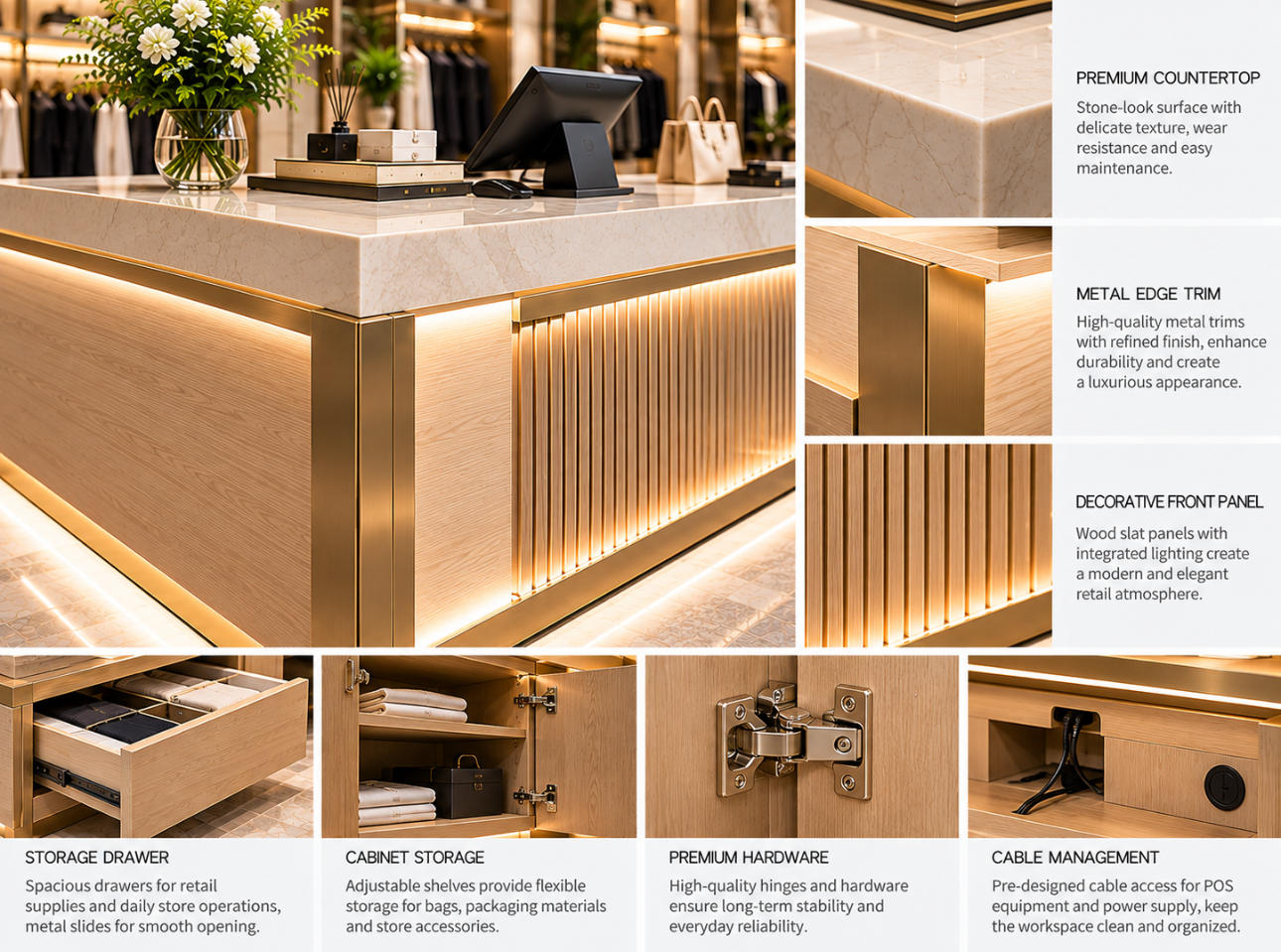 Retail clothing counter material details showing stone-look countertop, wood veneer panels, metal edge trims, storage drawers and cabinet hardware