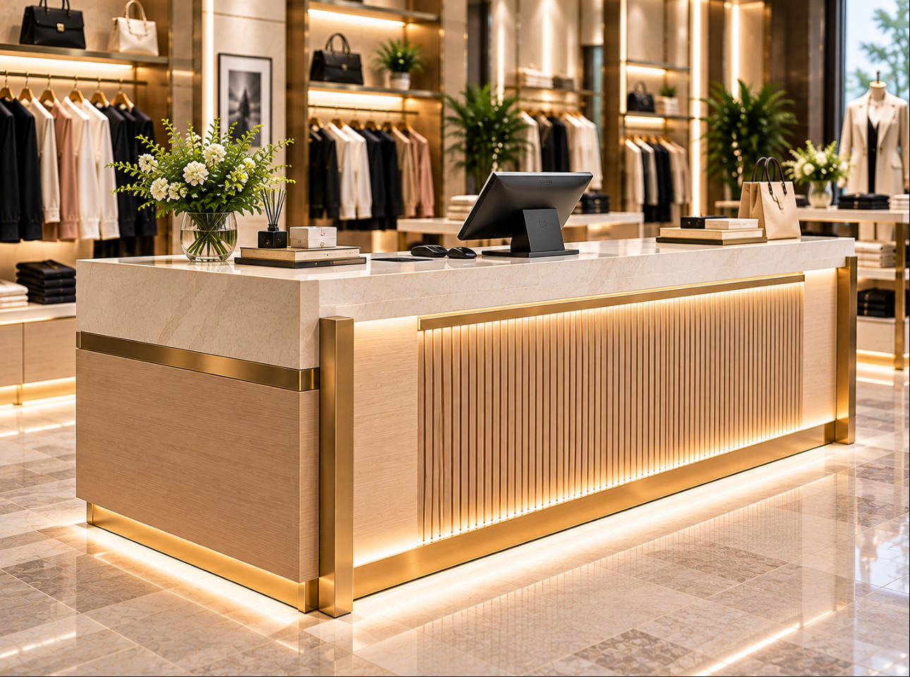 Custom retail clothing counter with premium wood-finish panels, stone-look worktop, decorative metal trims and integrated storage for fashion stores