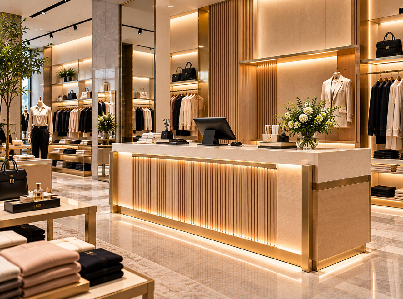 Premium fashion boutique featuring a custom retail clothing counter with decorative front panels, stone-look countertop, integrated storage and coordinated apparel fixtures