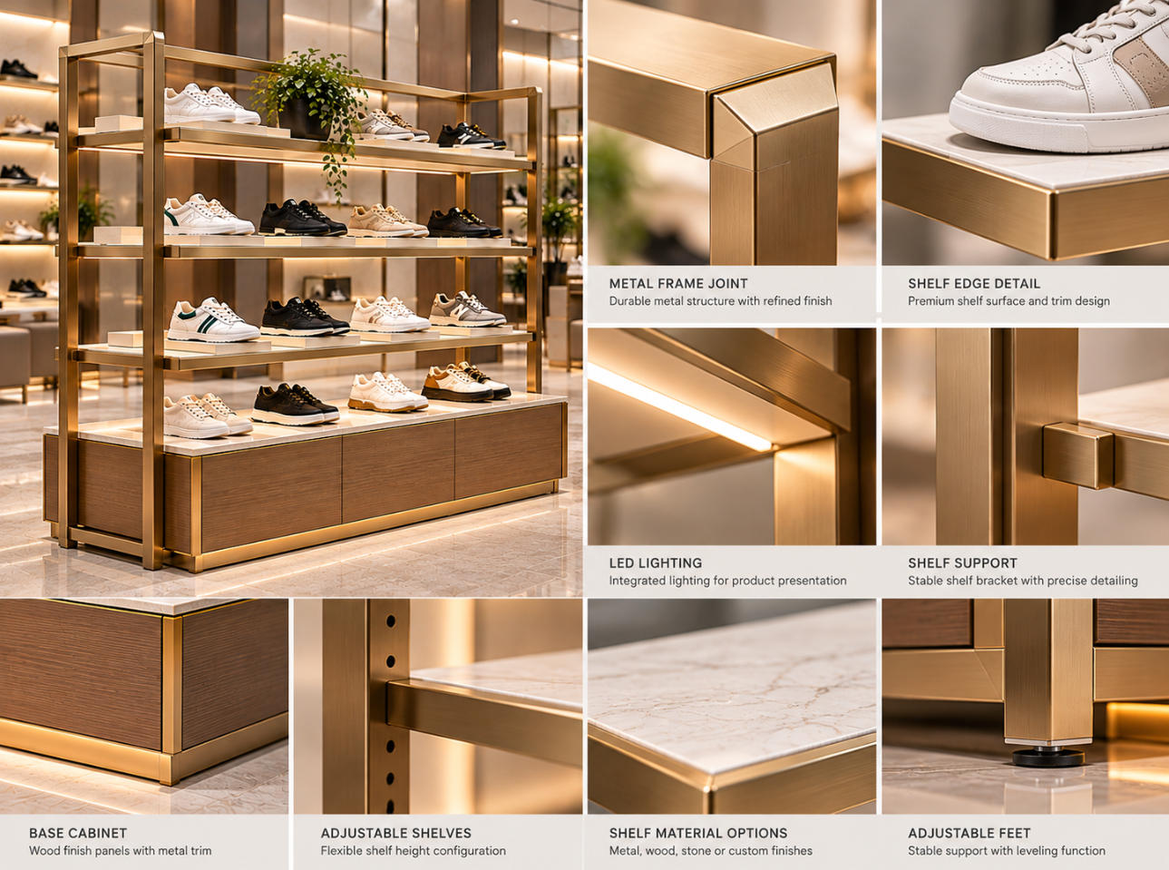 Shoe display rack material details featuring metal frame joints, shelf edges, decorative finishes and supporting base