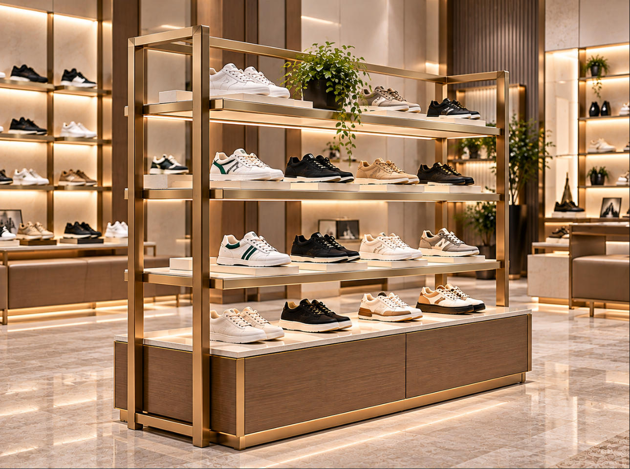 Custom freestanding shoe display rack with multi-tier shelves and refined metal frame for retail footwear presentation