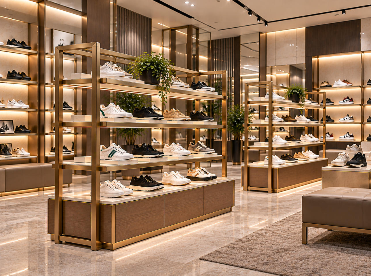 Luxury footwear boutique featuring freestanding multi-tier shoe display racks with organized sneaker and footwear collections