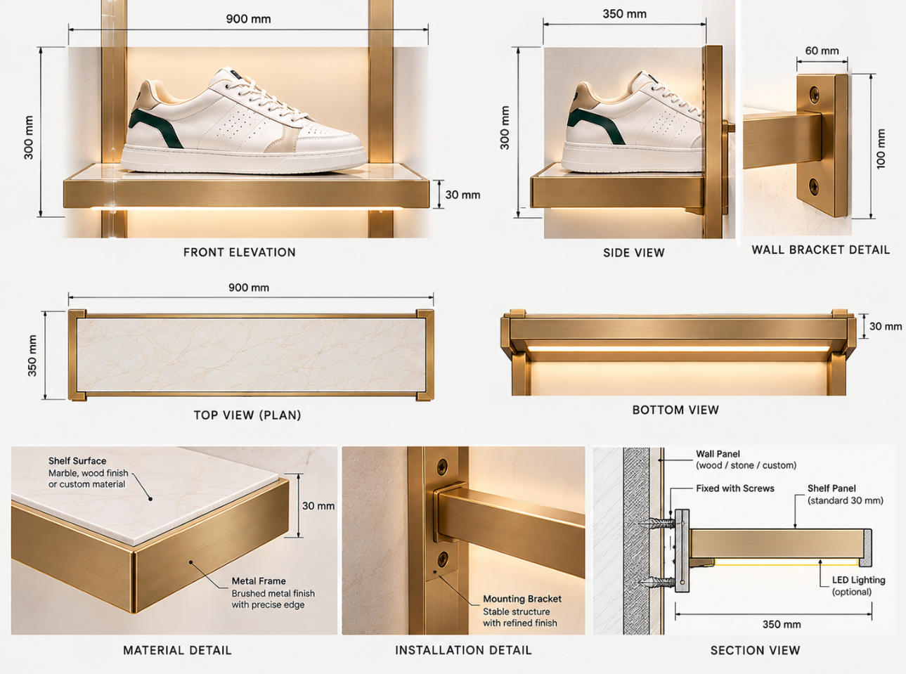 Custom shoe display shelf technical drawing with top view, front elevation, side section and mounting dimensions
