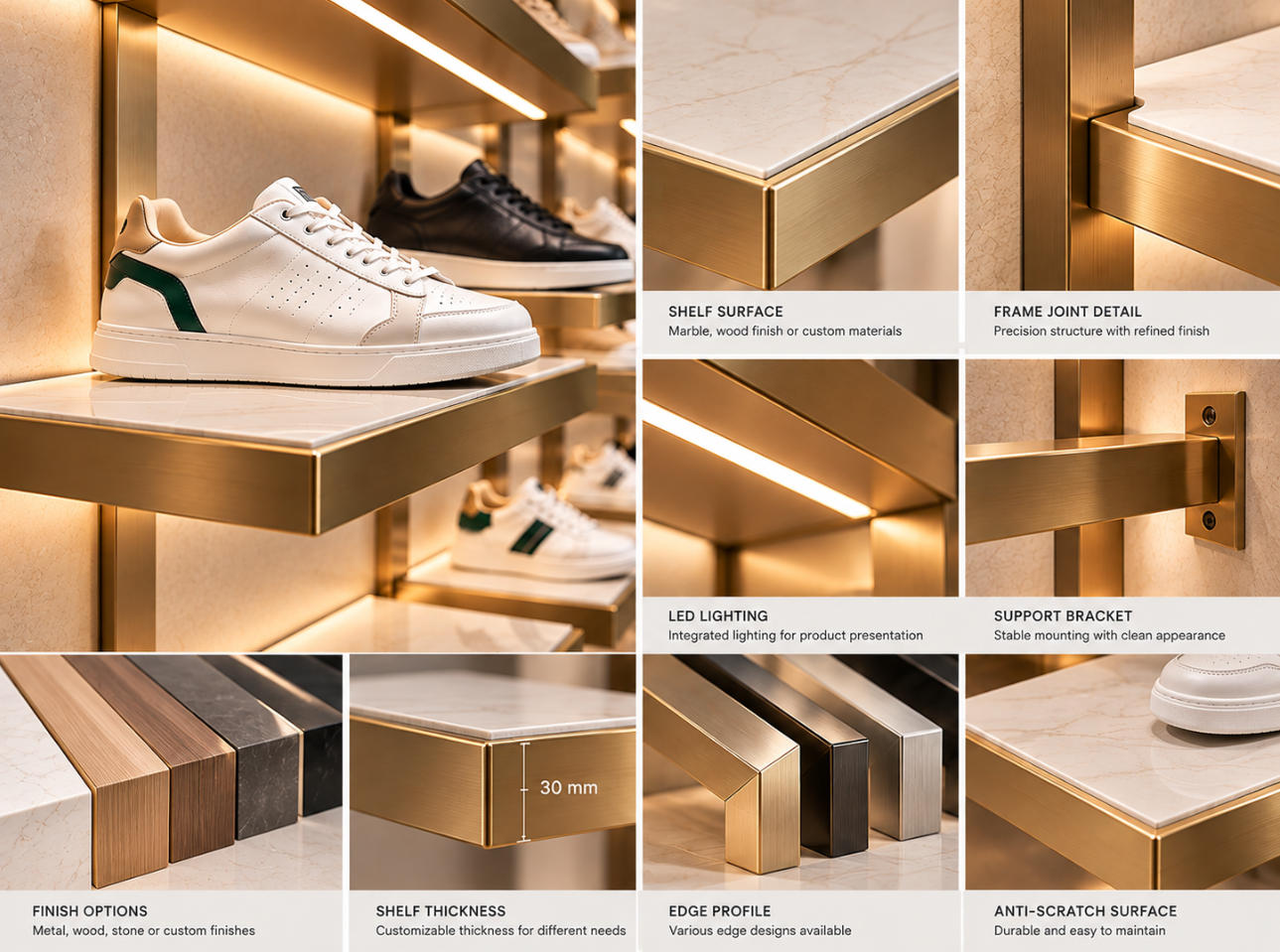 Shoe display shelf material details showing premium shelf surfaces, metal brackets, edge profiles and decorative finishes