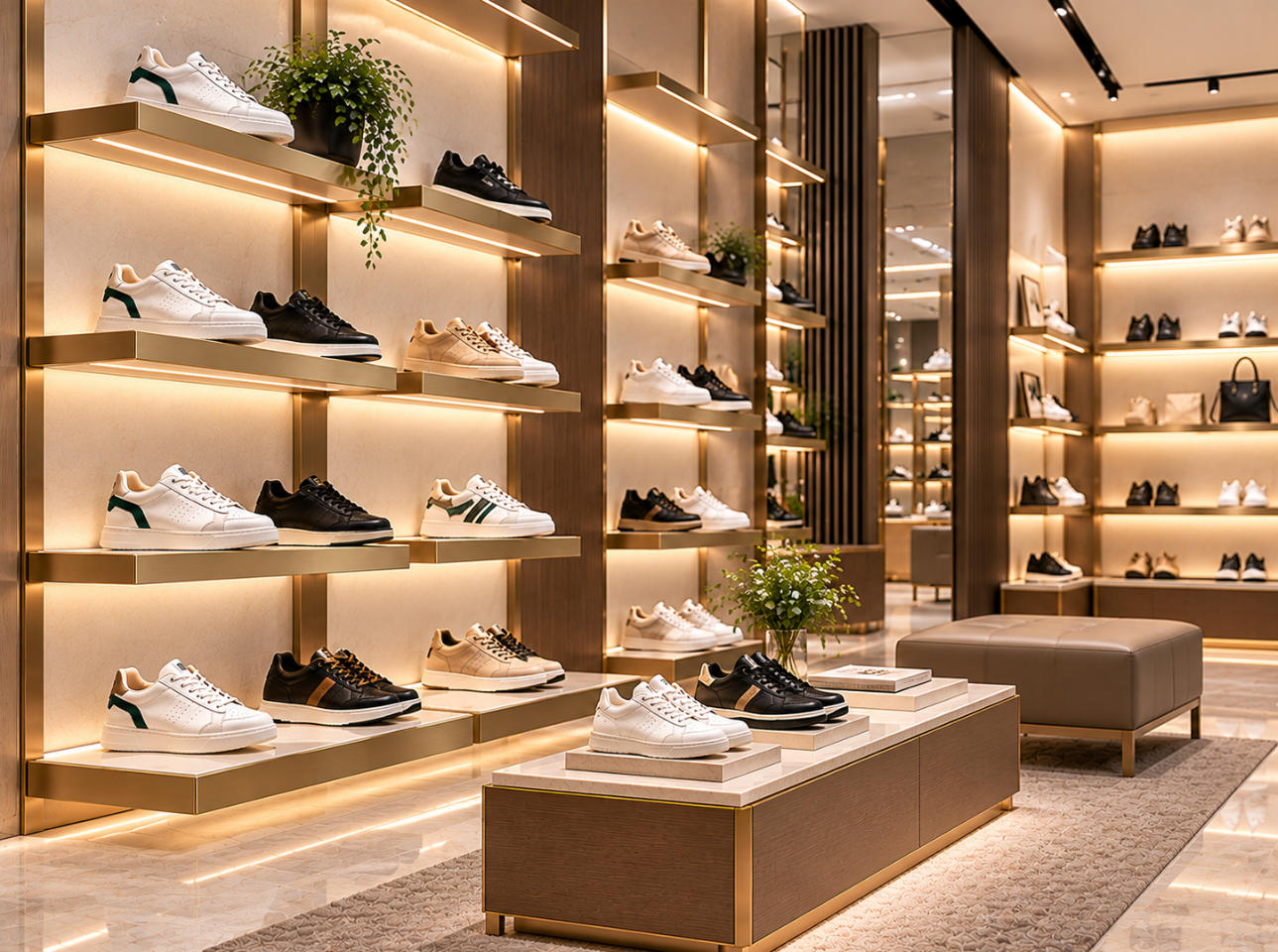 Luxury footwear boutique with individual shoe display shelves featuring designer shoes and illuminated presentation