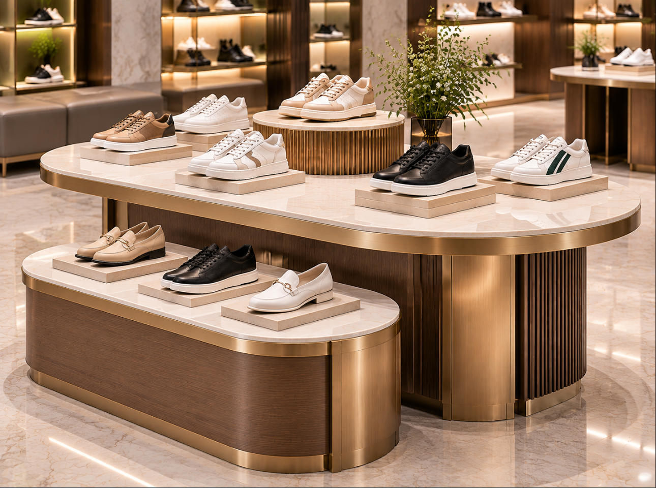 Custom shoe display table with premium tabletop, refined metal trim and freestanding base for luxury footwear presentation