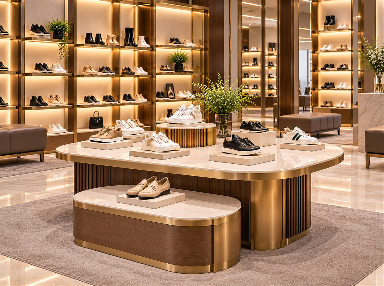 Luxury footwear boutique featuring custom shoe display tables with designer shoes, raised presentation platforms and premium finishes