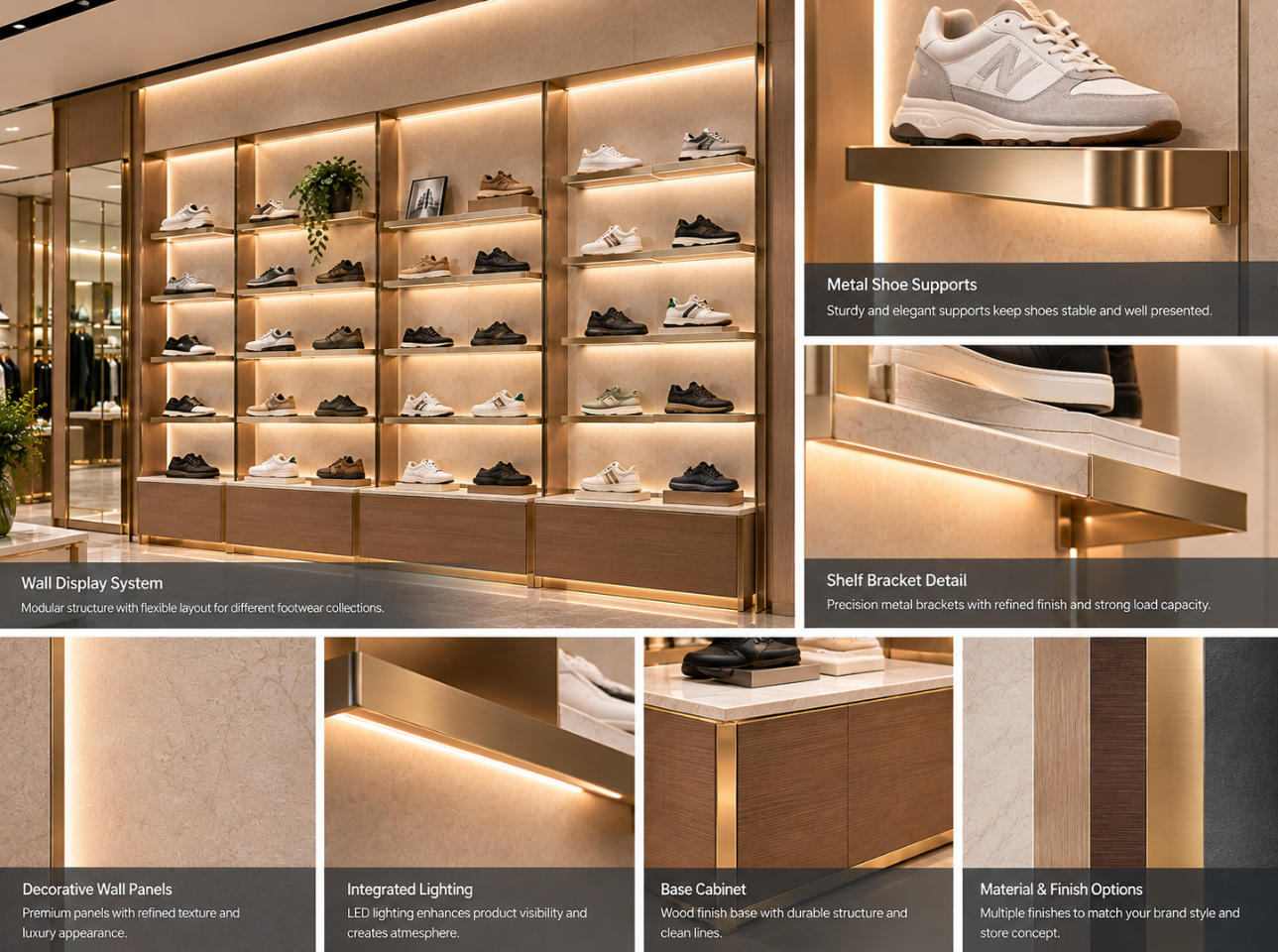 Shoe wall display system material details showing metal shoe supports, shelf brackets, decorative panels and lighting