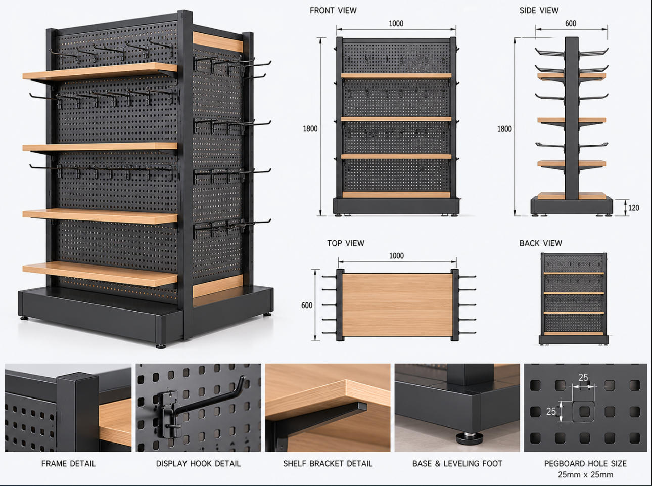 Custom sports accessories display stand CAD drawing without merchandise showing front elevation, side elevation, top view, hook layout, shelves and dimensions