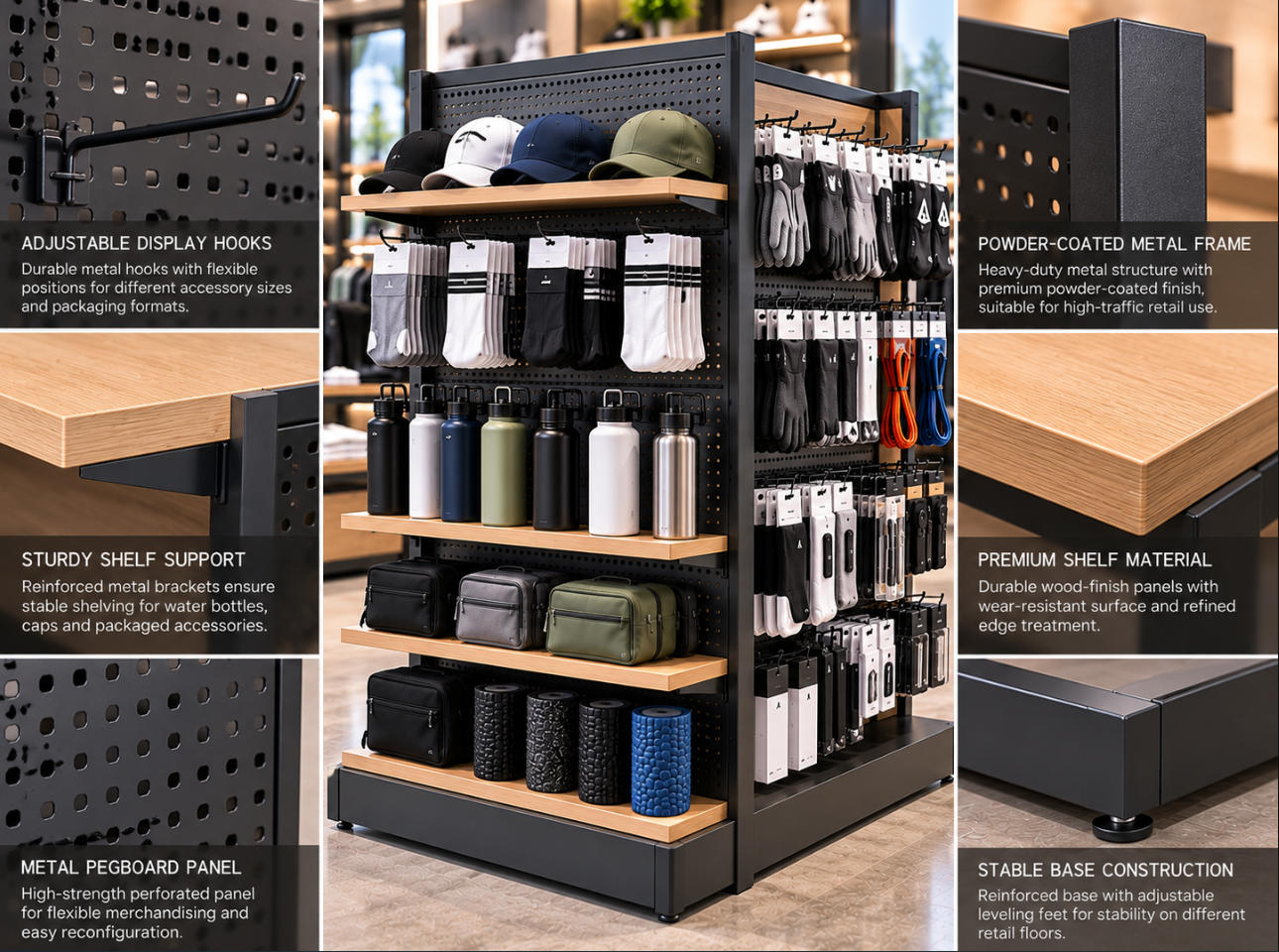 Sports accessories display stand material details showing powder-coated metal frame, adjustable display hooks, compact shelving and reinforced base connections