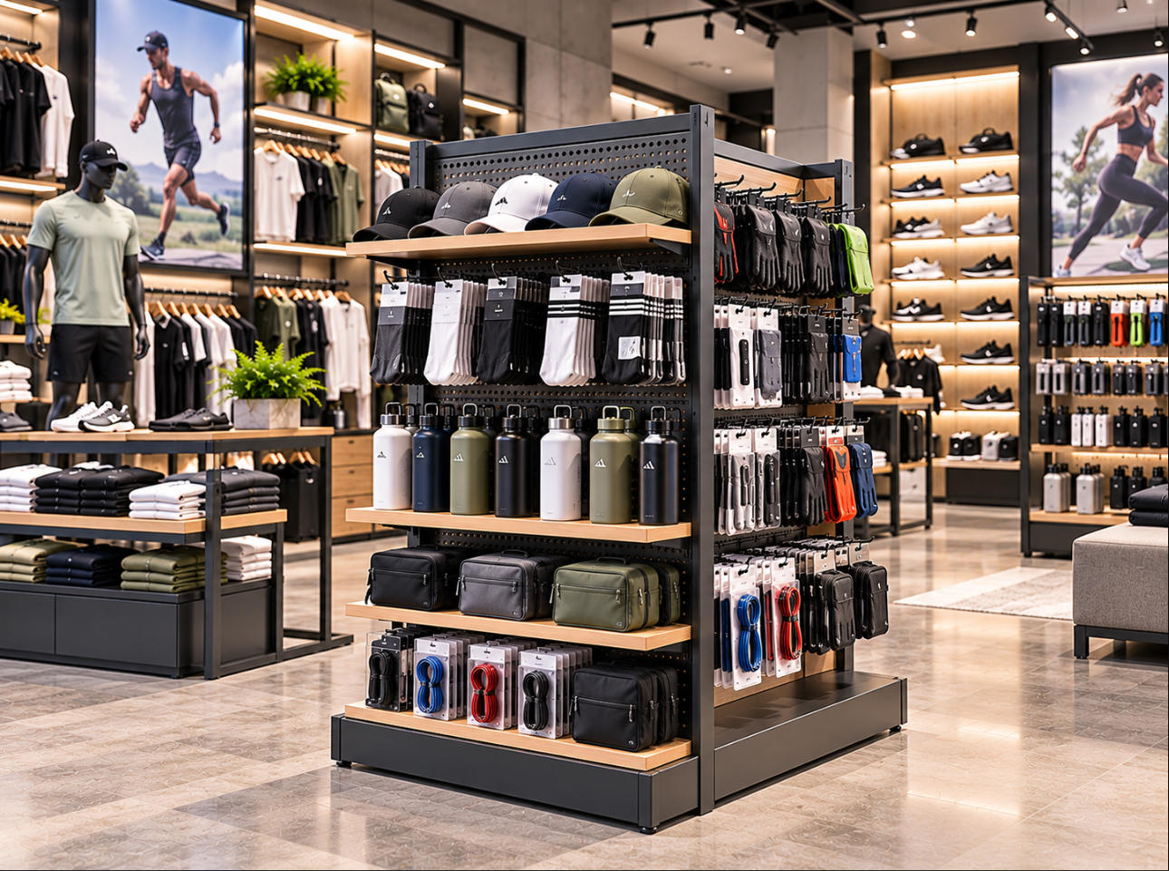 Modern sports retail store featuring custom sports accessories display stands with caps, training gloves, water bottles and fitness accessories