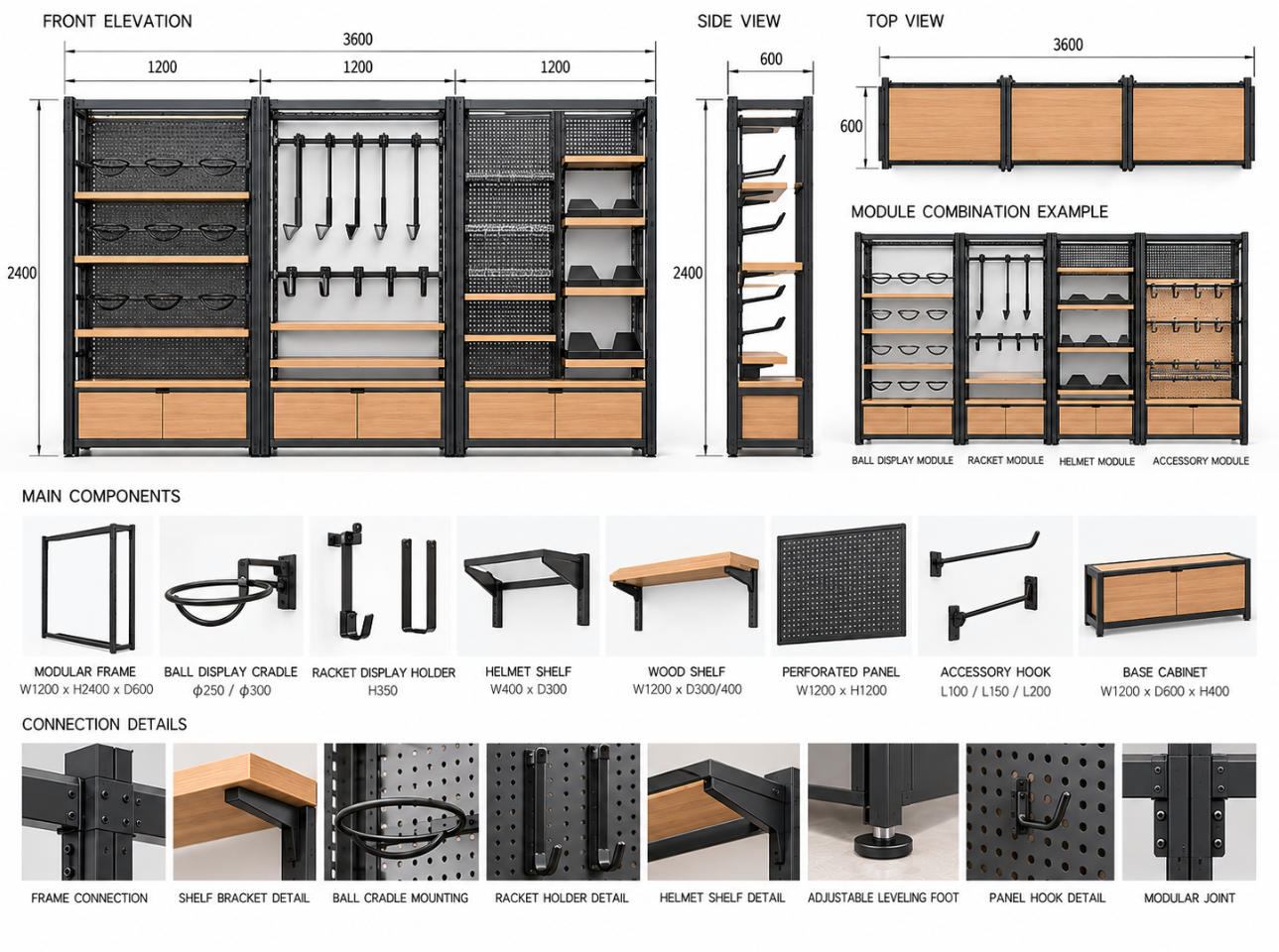 Custom sports equipment display fixture CAD drawing without merchandise showing front elevation, side section, top view, specialized equipment holders, support frame and dimensions