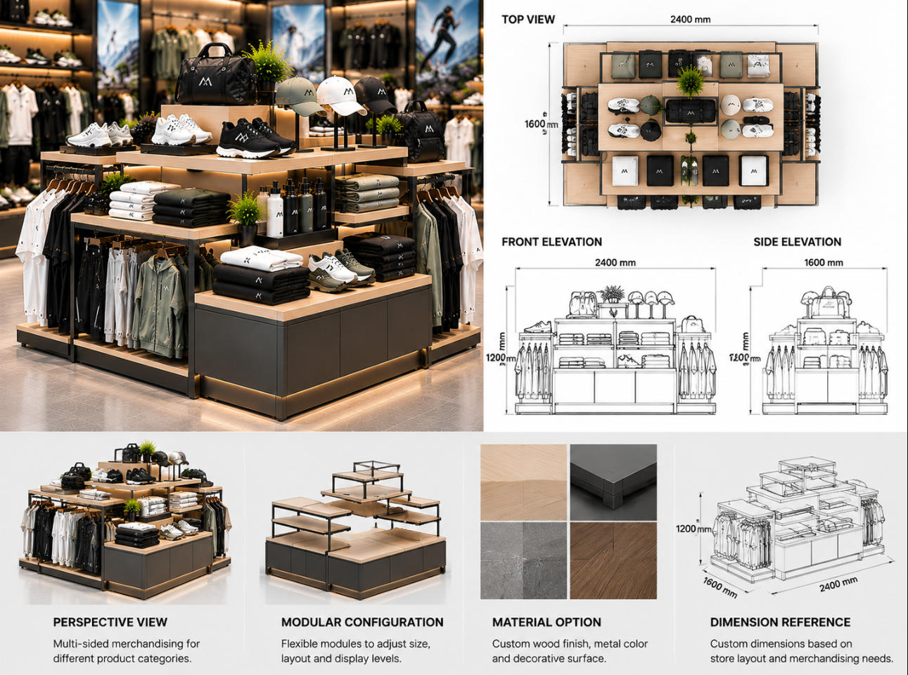 Custom sportswear display island technical drawing showing top view, front elevation, side view and modular dimensions