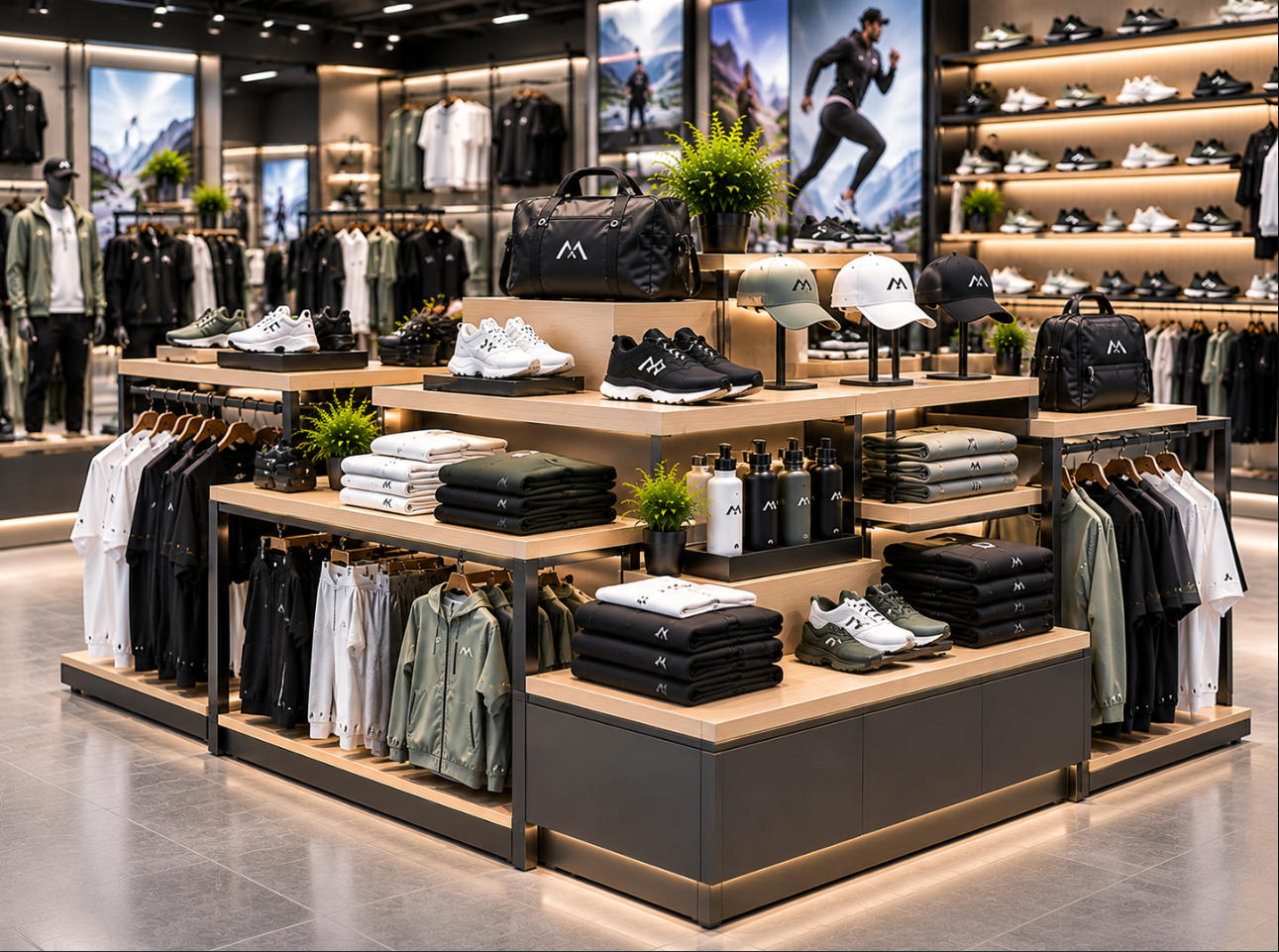 Custom sportswear display island with multi-sided shelving, apparel presentation platforms and freestanding retail structure