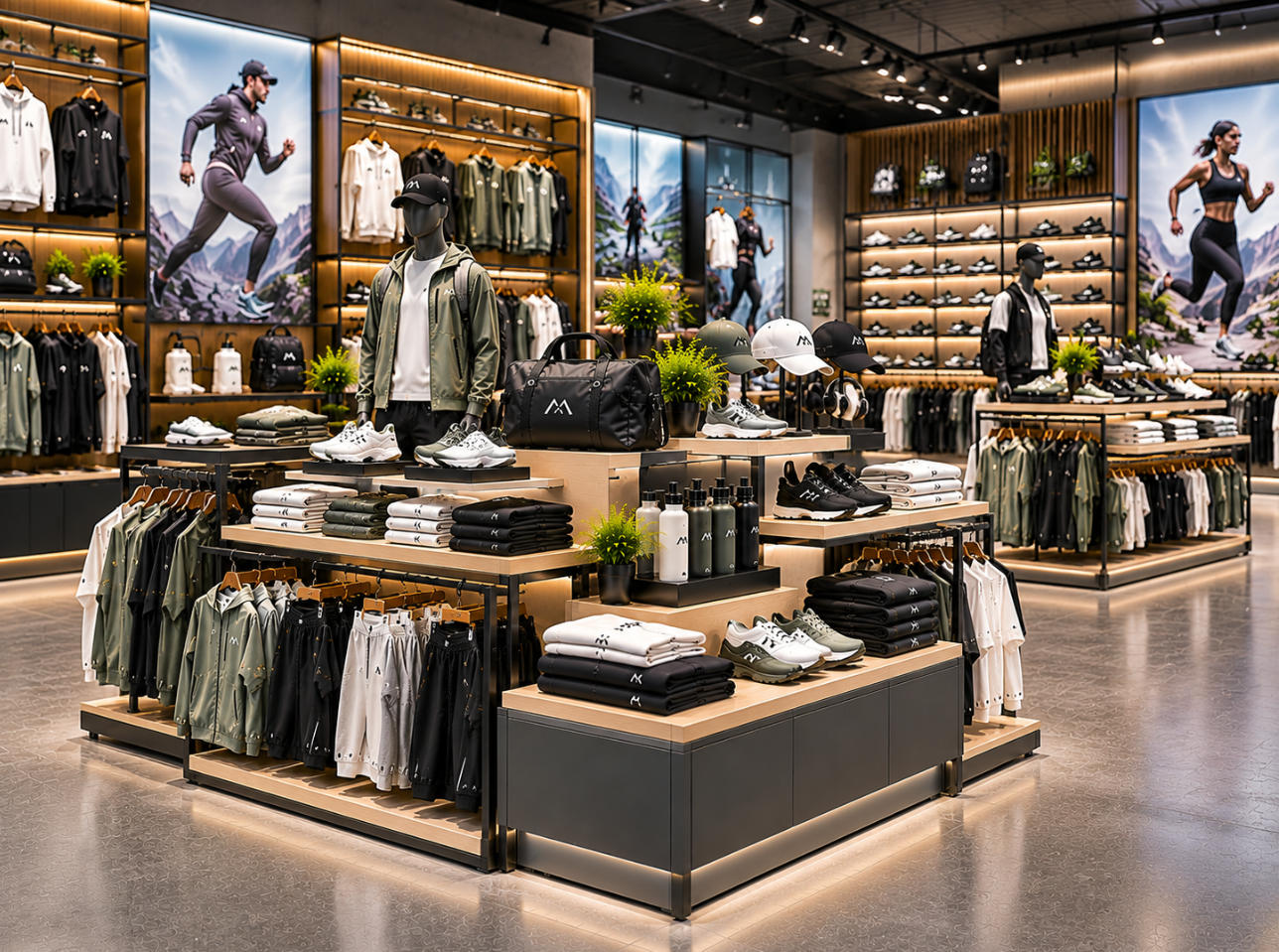 Modern athletic retail store featuring custom sportswear display islands with folded activewear, sneakers and accessories
